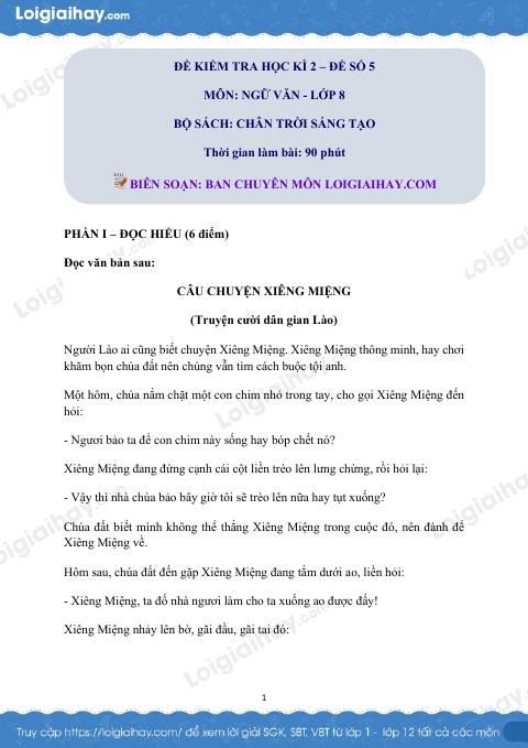 Đề thi học kì 2 Văn 8 Chân trời sáng tạo - Đề số 5